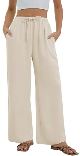 Stamain Linen Trousers Womens Wide Leg Summer Beach Trousers Beige Light Weight Elastic Waist Pants for Women with Pockets L