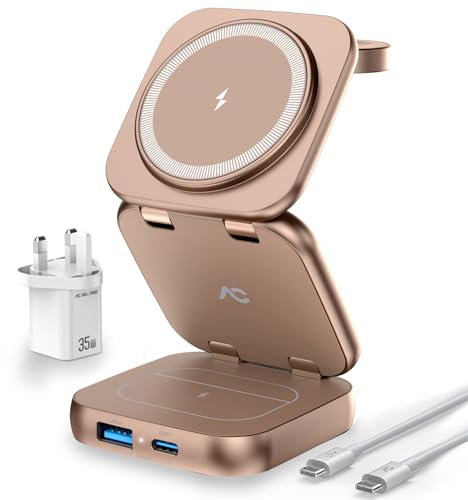 AC Island 5 in 1 Wireless Charging Station, Foldable Mag-Safe Charger Stand, Travel Wireless Charger for iPhone 17/16/15/14/13/12 Series, Apple Watch S11-1/Ultra, for Airpods Pro 3 (Desert Titanium)