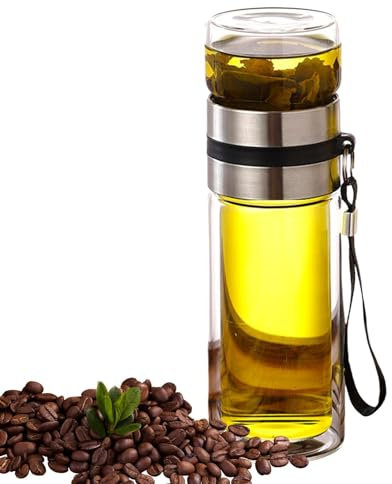 Tee-Ei Flasche – auslaufsichere Wasserflasche mit Teesieb, 350 ml, 450 ml, 500 ml, doppelwandiges Glas mit Sieb und Deckel, verbrühungsfreie Wärmeisolierung, Wasserflasche für heiße, kaltgebrühte lose