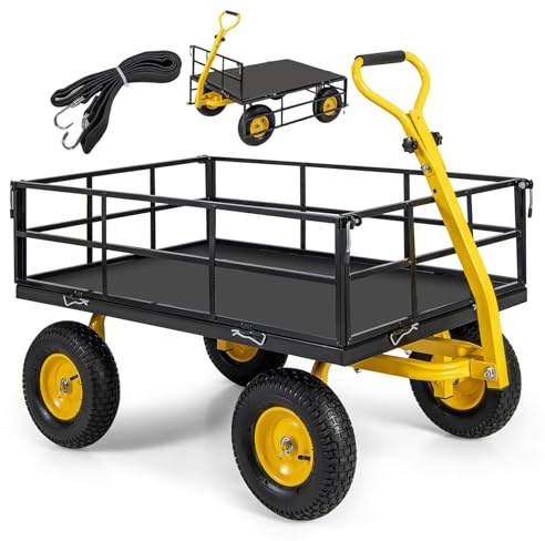 TANGZON Heavy Duty Garden Trolley Cart, 3-in-1 Multifunctional, 545kg Capacity, 33cm Tires, Adjustable Handle, Yellow & Black, 131 x 75 x 107 cm