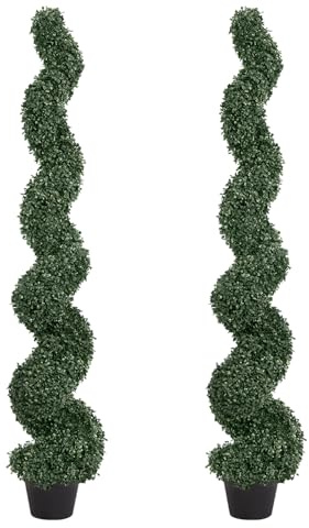 LAIMENNI 5ft Artificial Spiral Topiary Trees Outdoor Set of 2 – Faux Boxwood Bushes Shrubs, Fake Potted Plants for Front Porch Planter Indoor Outside Decor, UV Resistant 5 Foot