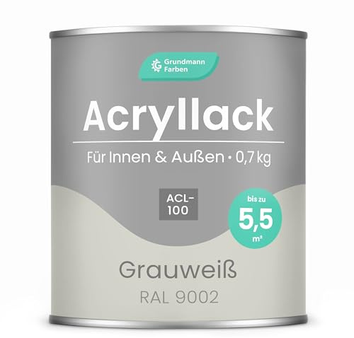 Grundmann Acryllack ACL 100 - Mattweiss 0,7 Kg - 4in1 Lack inkl. Grundierung - Innen und Außen - Für Holz, Metall, Stein & Kunststoff - Grauweiss RAL 9002