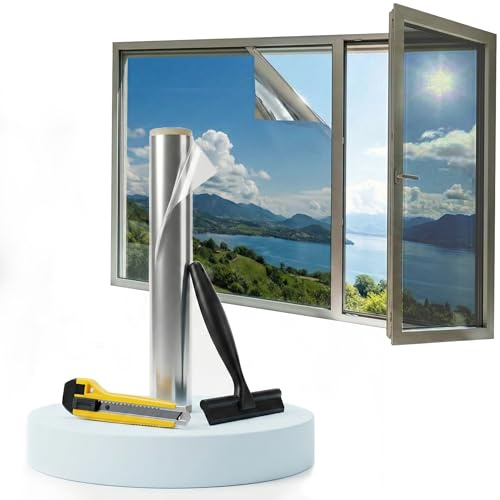 Dzmelzu Film Fenetre Anti Regard Film Anti Chaleur et UV Bon Effet Miroir sans Tain Solaire Fenetre avec Kit Protection de La Vie Privée Film Occultant Fenêtre (Argenté (Pas de Adhésif, 118X200(cm))