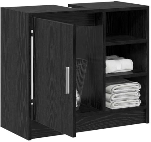 vidaXL Badrumsskåp Svart Ek 63 x 29 x 55 cm Konstruerat trä | Skåpet har en matt finish som ger en trendig känsla, Kommer med inbyggda hyllor och en dörr för bra förvaring,