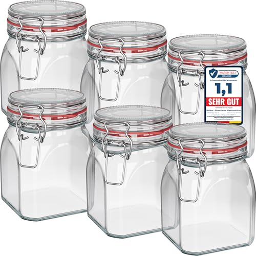 WELLGRO Einmachgläser mit Bügelverschluss eckig, Fermentierglas, Vorratsgläser mit Deckel, Bügelglas - Gläser mit Deckel Made in Germany (900ml x 6 Stück)
