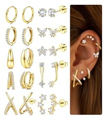FIOROYAL 10 Paar Ohrringe Gold Silber Set,Hypoallergene Chirurgenstahl Ohrringe für Damen 14K Vergoldete Huggie Creolen Ohrstecker für Mehrfach Piercing Conch Helix Tragus Piercing Ohr G Schmuck