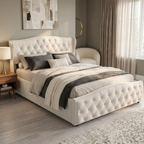 HYTKKBD Letto Matrimoniale 160x200 cm, Letto Imbottito con Contenitore, Letti Matrimoniale con Motivo a Onde Rivettate, Rete a Doghe in Legno e Metallo, Senza Materasso, Flanella Beige