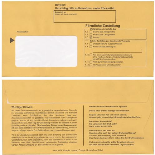 Postzustellungsumschläge DIN Lang „ Förmliche Zustellung “ - Zustellungshüllen mit Fenster (110 × 220 mm), Recycling-Gelb, haftklebend - ZPO-konform (DIN Lang, 25, Anzahl)
