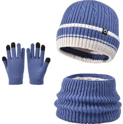 InfiniZer 3-in-1 Kids Hat Scarf Gloves Set Winter Warm Thermal Knitted Beanie Hat Neck Warmer Touchscreen Gloves Soft Fleece Lining Elastic For Children Aged 3-10 Outdoor Sports (Blue)