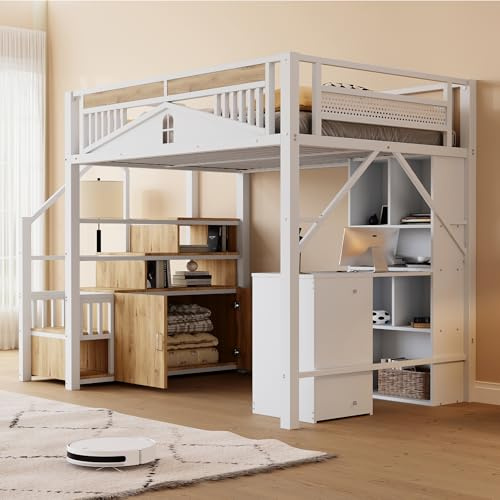 ZIDEY Hochbett as Metall 140x200 mit Stauraum Treppe, Spind und Regal, Metall Kinderbett, Funktionsbett Stockbett, ohne Matratze