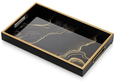 IvoQ Luxus-Tablett Schwarz Gold 45x30 cm – Stilvolles Serviertablett aus Glas & Kunststoff – Modernes dekoratives Tablett mit Griffen – Eleganter Organizer für Wohnzimmer, Küche oder Schlafzimmer