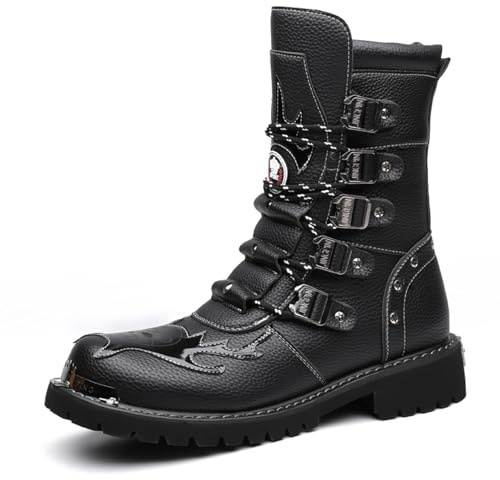 NEGYANME Men's Leather Lace-Up Multi-Strap Motorcycle Boots Round Toe Stylish Non-Slip Tactical Military Boots Suitable For Riding, Working, Rock Music Festivals (black,7)