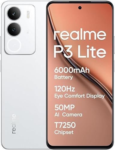 realme P3 Lite Telephone Portable 24(8+16) GB+256GB, 6000 mAh Smartphone, 6,67 Écran 120Hz Téléphone Android 15, Antichoc 1,5m, Épaisseur 7,79mm, 50 MP, T7250 Octa-Core, NFC (sans Chargeur)-Blanc