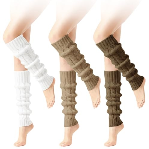 SIWOKJJO Women Leg Warmers, 3 Pairs Fashion Cute Cable Knit Leg Warmers, Ankle Warmers for Women, Winter Warm Long Boot Socks 80s Knee High Sports