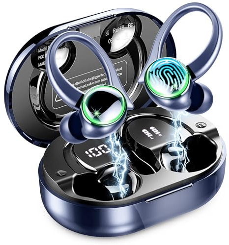 Wireless Earbud Bluetooth 5.4 Headphones Sports with Earhooks, Earphones Wireless Bluetooth ENC Noise Cancelling, 50H Playtime, IP7 Waterproof Ear buds In Ear for Sport/Running/Gym, Dual LED Display