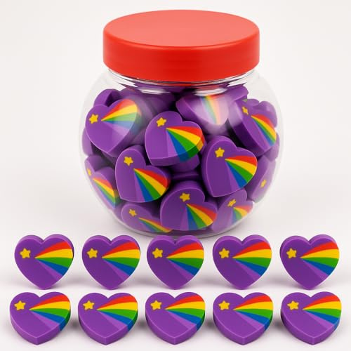 STUWU 100 bunte Herz-Radiergummis im Geschenkglas – Regenbogen-Design, weich & sauber radierend – perfektes Mitgebsel für Kinder, Schulen, Arztpraxen, Kita, Schatzkiste, Party & Belohnung
