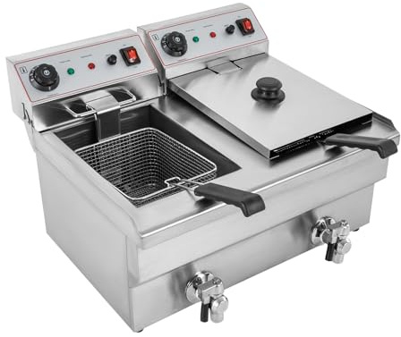 Gewerbliche Elektrische Bratpfanne 2 x 3000W Edelstahl Doppel-Fritteuse mit 2 Bratkörbe and Deckel, Elektro Pfanne Einstellbare Temperatur 60-200℃, für Restaurants, Schnellimbissen, Imbissbuden