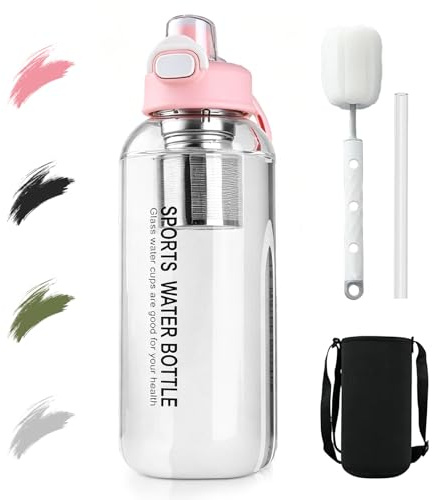 BOYIFEIJIE Gourde en verre de 1,5 l avec paille et infuseur à thé, grande bouteille en verre borosilicate anti-fuite, réutilisable pour le sport, le bureau, l'école, le fitness et le camping (rose