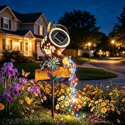 Cexovil Solar Gießkanne Lichterkette, Solarlampen für Außen | Bunte LED-Lichter, Schmetterlings- und Blumenmotive, 1200-mAh-Akku, IP65, automatische Lichtsteuerung für Garten und Balkon