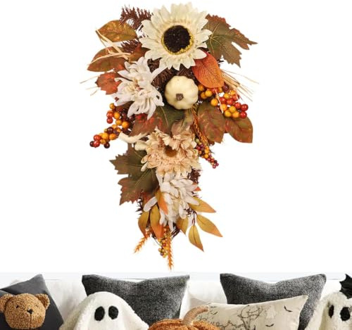 Höstdörrkrans 50 centimeter Konstgjorda Blomstergirlanger & Dekorationer | Säsongskrans med röda och orange bär för Höst & Skörd Halloween Thanksgiving Utomhus Vägg Bord &