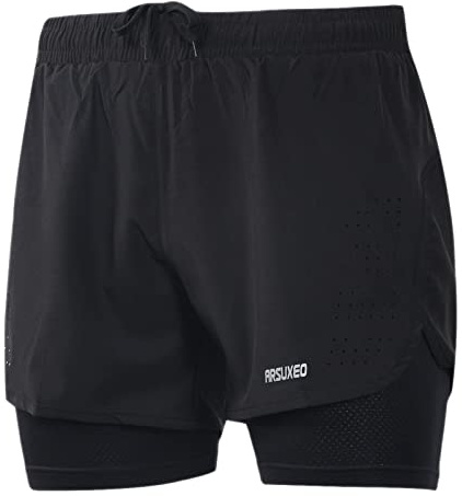 ARSUXEO löparshorts för män, gymshorts med kompressionsshorts 2-i-1 löparshorts för träning, fotboll, basket, Svart, S