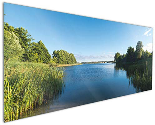 Wallario Küchenrückwand aus Glas 125 x 50 cm, Motiv: Malerischer See mit Schilf unter blauem Himmel | Spritzschutz abwischbar & pflegeleicht