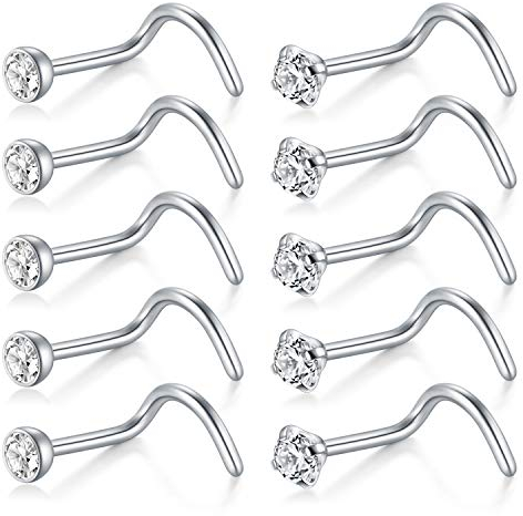 D.Bella 18G Nasenstecker Nasenpiercing Chirurgenstahl Nasenring mit 2mm Zirkonia Nase Stecker Spirale Piercing Schmuck Silber Farbe 10 Stk