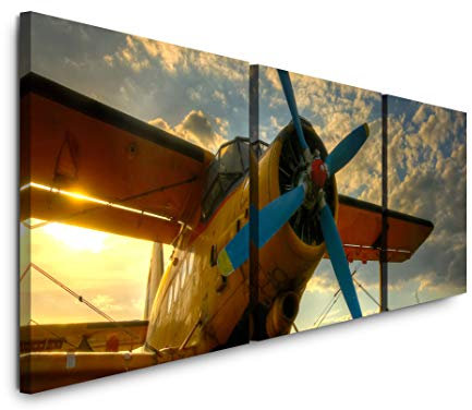 SIN-US 74 altes Flugzeug Bild XXL Panorama Deko Wandbilder 150x50cm - 3 Bilder a 50x50cm