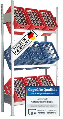 Lagerknecht Getränkekistenregal 9 Kisten Made in Germany professionelle Ordnung für Kisten; Regal für Getränkekisten,Getränkeregal,Wasserkistenregal,Bierkistenregal Silber 185x105x33 cm (HxBxT)