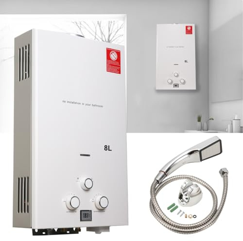 ECUTEE 8L 16KW Flüssiggas Durchlauferhitzer LPG Warmwasserbereiter, Tankless Instant Heißwasserbereiter mit Regenduschkopf und Duschschlauch, für Outdoor-Camping-Baden und RV-Dusche, Weiß