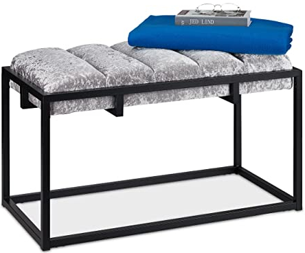 Relaxdays Banco Tapizado Terciopelo, para Recibidor, Pasillo, Pie de Cama, Descalzadora Vestidor, 47x80x40cm, Gris/Negro