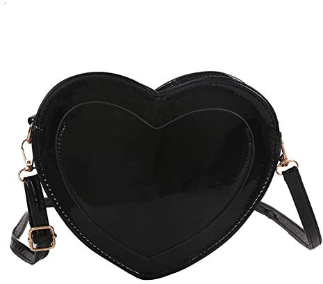 Borsa a forma di cuore per le donne ragazze Crossbody borsa a tracolla carina cuore borsa in pelle PU, chiusura a cerniera, Pelle verniciata nera