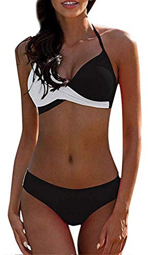 CheChury Maillot de Bain 2 Pièces Femmes Sexy Tie-Dyed Ensembles Bikini Push Up Rembourré Amincissant Triangle Bas Swimwear,B-Noir,L