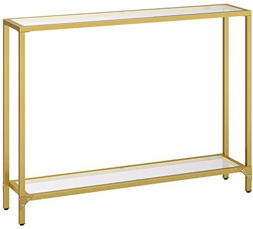 HOOBRO Console Table, 2-Tier Tempered Glass Console Table, Slim Hallway Table with 2 Shelves, 100 x 22 x 80 cm, Modern Display Table for Living Room, Small Space, Gold EGD04XG01