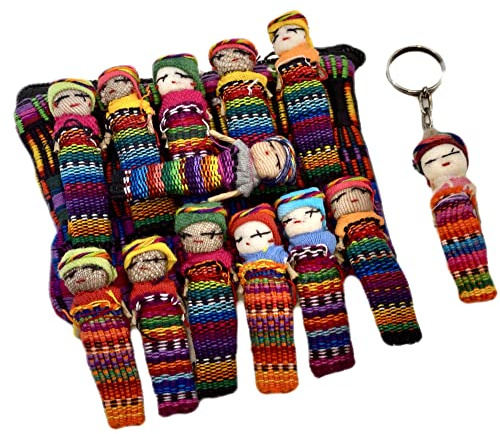 Guatemala Worry Dolls Set of 12 – 5.5 x 1cm Traditional Trouble Dolls with Cute Storage Bag and Extra Keychain Doll – Fun Vibrant Colors – Woven Fabric Small Dolls for Adults (14 Piece Set)