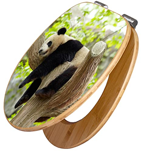 banjado Design WC Sitz Bambus Absenkautomatik 45,8x37,5cm / Toilettendeckel mit Absenkautomatik Holz/hochwertiger Bambus Klodeckel/WC-Sitz für gängigen Toiletten/Motiv Panda