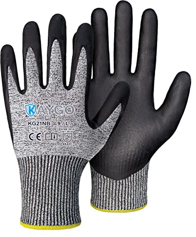 KAYGO Cut Resistant Work Gloves - 2 Pairs, Level C Protection, MicroFoam Nitrile Coated Good Grip Machine Washable, Cut Proof Safety Gloves EN388 4X42C, Ideal for General Purpose, KG21N (Grey, L)