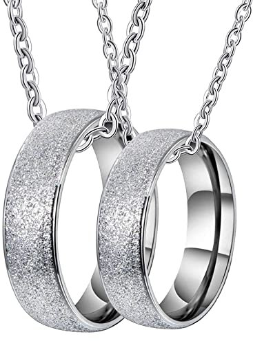 Homxi Ringe Partner Kette,Edelstahl Ring für Paare Verlobungsringe Eheringe Paar 6MM Silberring mit Rund Gebürstet Halskette Damen 50cm Herren Halskette 60cm