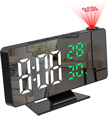 OQIMAX Reveil Projecteur Plafond, Réveil Projection, Horloge Digitale Projecteur 180°, Ecran Miroir 7.8, 4 Luminosités Réglable, Température et Humidité, Snooze Heure Date, Chambre, Maison, Bureau