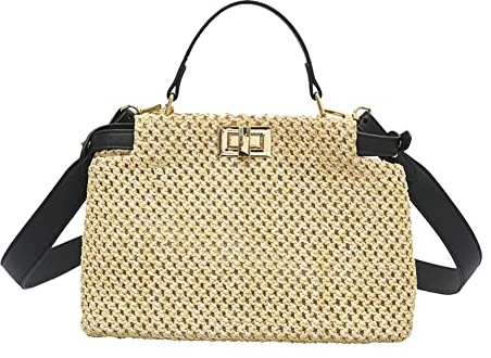 Strohtasche Strandtasche für Frauen Kleine Tragetasche Stroh Schultertasche Schicke Handtasche Umhängetasche Crossbody Tasche Geldbörsen 2023, Schwarz