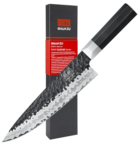 SHAN ZU Japanisches Kochmesser 20cm, Handgeschmiedetes 7-Lagen-Küchenmesser, 9Cr18MoV Kohlenstoffreicher Rostfreier Kern, Ultra Scharf, Ergonomischer Achteckiger G10 Griff