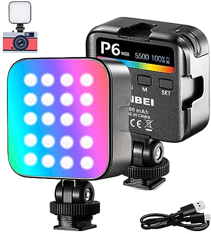 LED Lampe Vidéo, JINBEI P6RGB Lumière de Caméra 360° Couleurs Complètes avec 4 Supports de Montage à Froid, Éclairage de Photographie Portable Rechargeable de 2000mAh Key Light