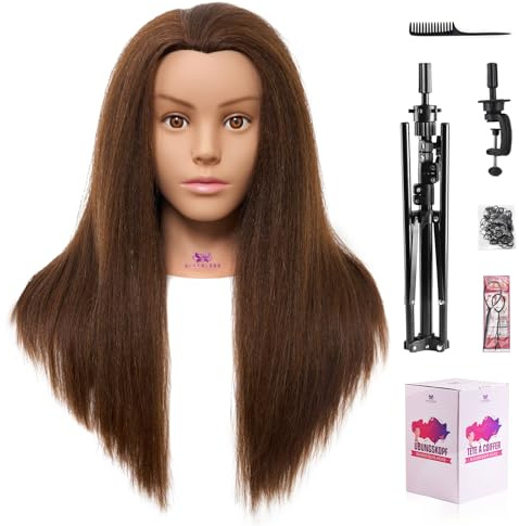 Mannequin Head with 100% Real Hair - 18 Hairdressing Styling Training Doll Head with 63 tripod stand,Braiding Manikin Practice Heads with Mannequin Heads Stand, Table Clamp, DIY Hair Styling Set #4 | For cosmetology students & pros to practice braiding & styling. Includes tripod stand, table clamp & tool kit.