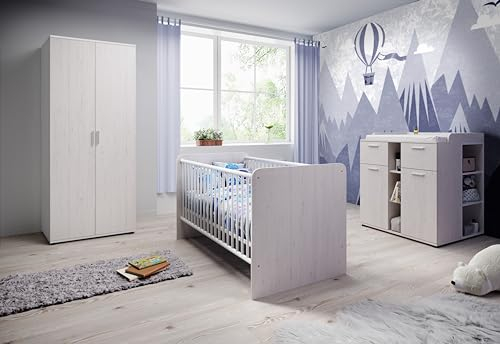 Stella Trading Babyzimmer Set 3-teilig- in Pinie Anderson Nachbildung -Mit Drehtürenschrank, Wickelkommode und Babybett 70x140 cm mit viel Stauraum