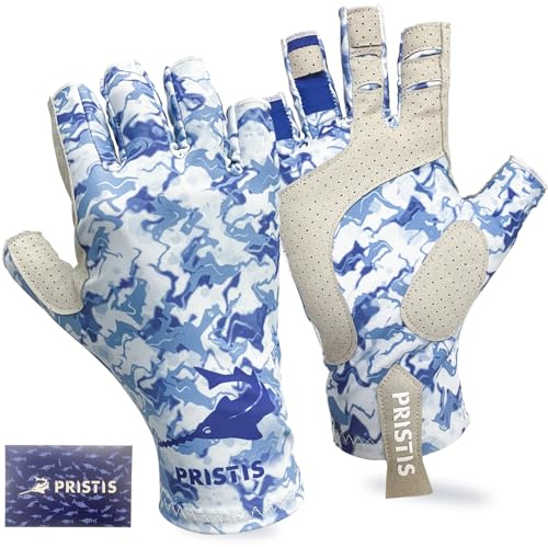Pristis UPF 50+ Fishing Fingerless Gloves, UV Protection Breathable Thin Half-Finger Sun Gloves for Men Women Boys Kids Kayaking Paddling Hiking Sailing Canoeing Saltwater (Water CAMO, L - XL)