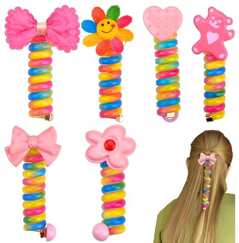 MUNSKT 6PCS Colorful Telephone Wire Hair Bands for Kids,Braided Telephone Wire Hair Bands,Elastic Spiral Hair Ties,Spiral Ponytail Holder,No Crease Phone Cord Hair Ties,Ponytail Braids Fixed Hair Rope
