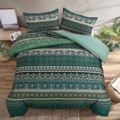 Double Size Bohemian Duvet Cover Green Colorful Boho Bedding Set with 2 Pillowcases Soft Microfiber Moroccan Bed Cover 200cm X 200cm
