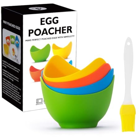 Eierpochierer – 4er-Pack Silikon-Eierpochierbecher mit Ringständern, Pochierte-Eier-Kocher für die Mikrowelle oder den Herd, Pochierte-Eier-Kocher mit zusätzlicher Ölbürste, BPA-frei