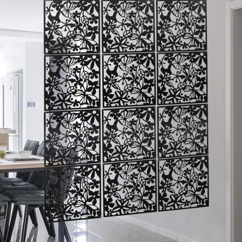 12 Stück Raumteiler Hängend, DIY Raumteilers Bildschirm, Kunst Dekoration, Trennwand Hängend für Innendekoration Wohnzimmer Esszimmer Schlafzimmer, Schwarz, 40x40cm