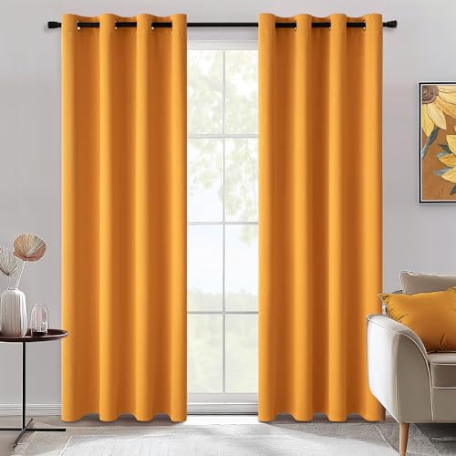 MIULEE Mustard Yellow Blackout Curtains for Living Room 2 Panel Set, Premium Eyelet Curtains for Bedroom, Thermal Insulated Window Curtain Drapes, Black Out Curtain 90 Drop, Each Panel 46 x 90 Inches
